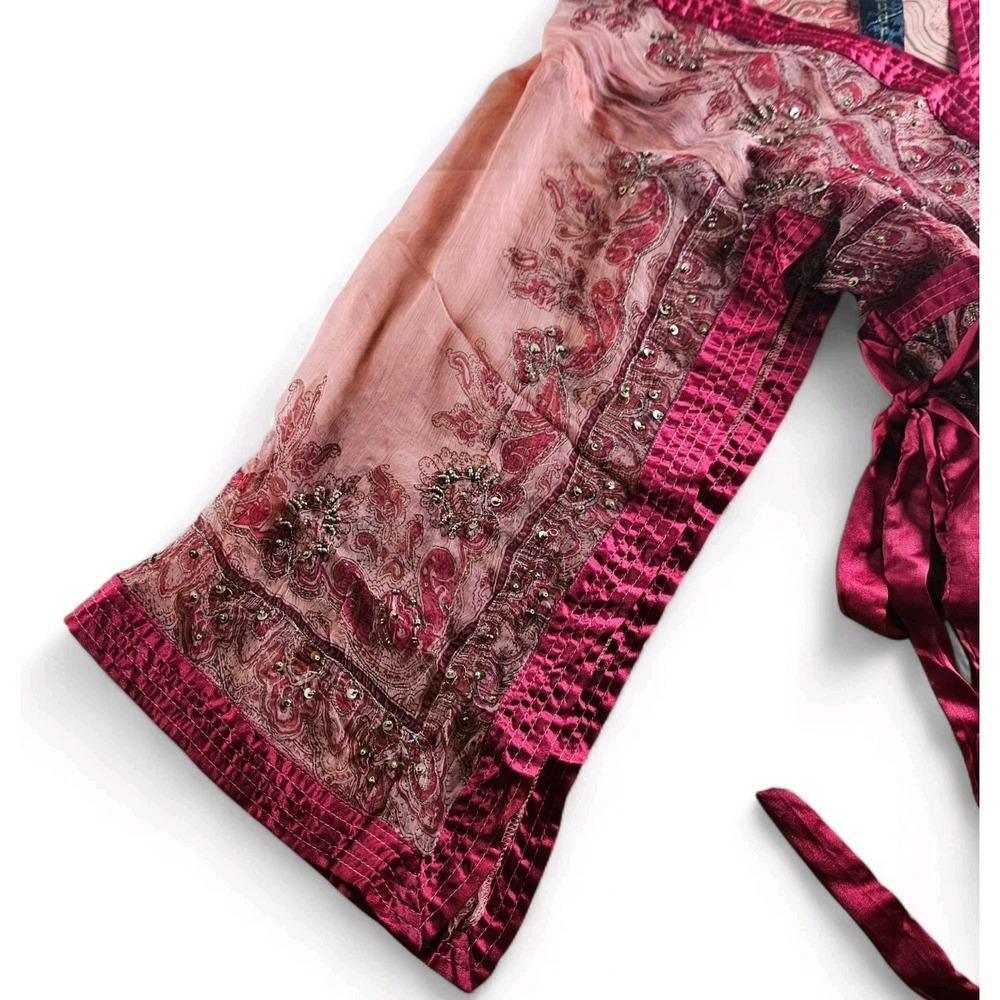 Chaudry Kaftan Slip Dress Small Red Embroidered Mesh Flowy Sleeves Beaded Boho - Picture 10 of 15